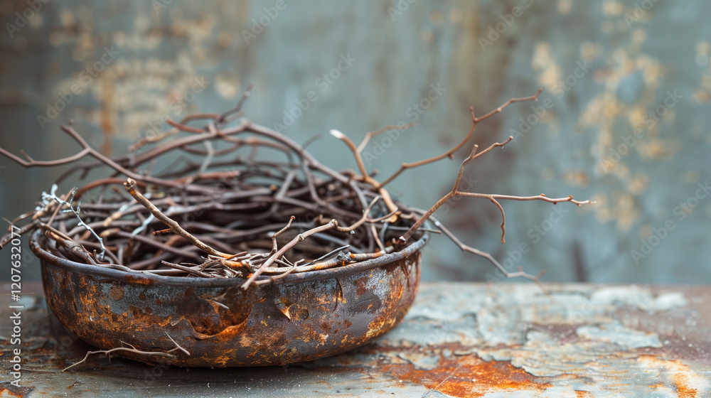 Fototapeta premium Rustic bird nest made from recycled wire