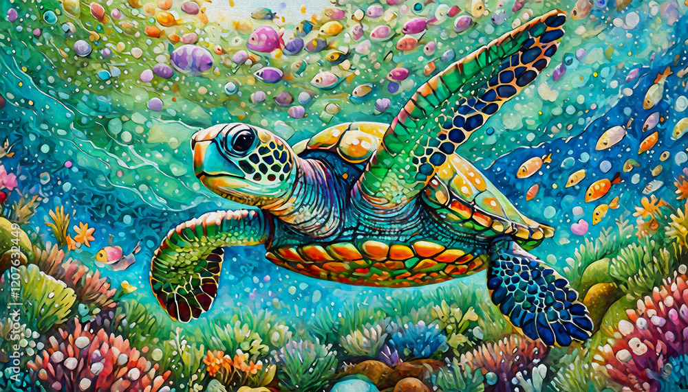 Fototapeta premium Oil painting style Cartoon character animated Underwater view capturing a green sea turtle gracefully swimming
