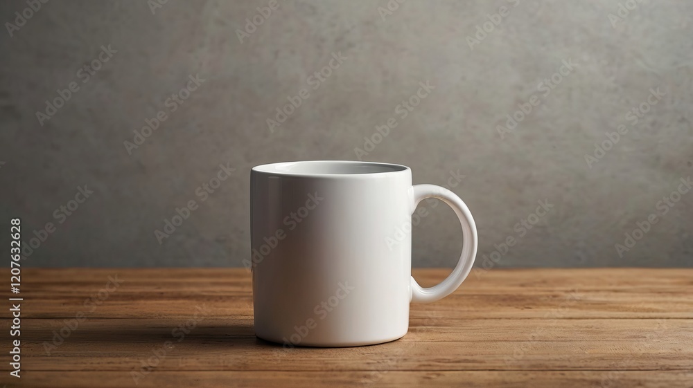 Minimalistic White Ceramic Coffee Mug Mockup on Wooden Table with Soft Natural Lighting Minimalistic White Ceramic Coffee Mug Mockup on Wooden Table with Soft Natural Lighting
