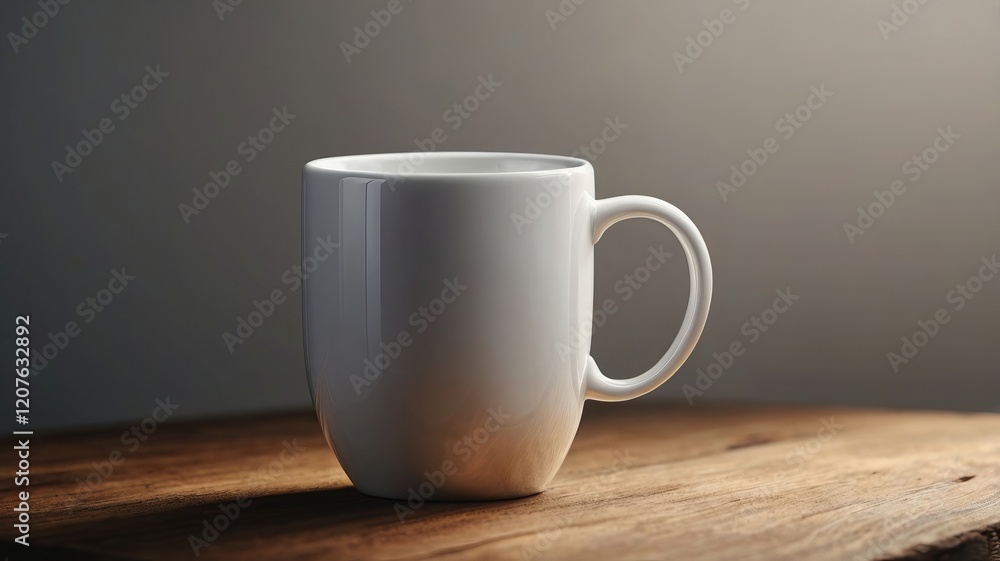 Minimalistic White Ceramic Coffee Mug Mockup on Wooden Table with Soft Natural Lighting Minimalistic White Ceramic Coffee Mug Mockup on Wooden Table with Soft Natural Lighting