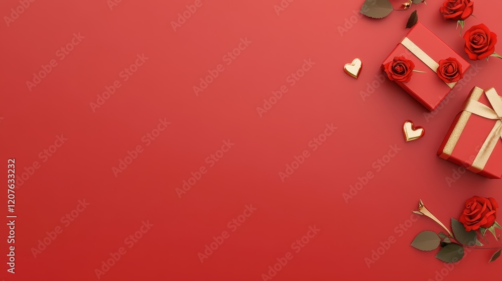 Elegant red background with beautifully wrapped gift boxes adorned with gold ribbons and fresh roses, perfect for romantic occasions and celebrations of love. Elegant red background with beautifully wrapped gift boxes adorned with gold ribbons and fresh roses, perfect for romantic occasions and celebrations of love.