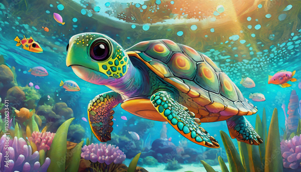 Obraz premium Oil painting style Cartoon character animated Underwater view capturing a green sea turtle gracefully swimming