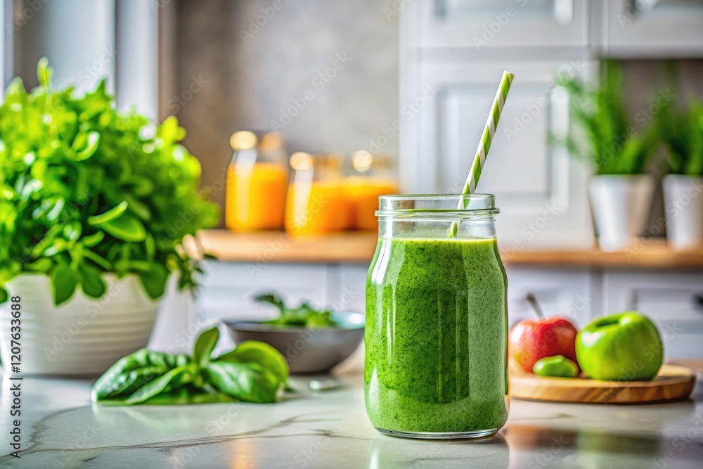 Fototapeta premium Fresh, healthy green smoothie recipe photographed in a minimalist kitchen setting.