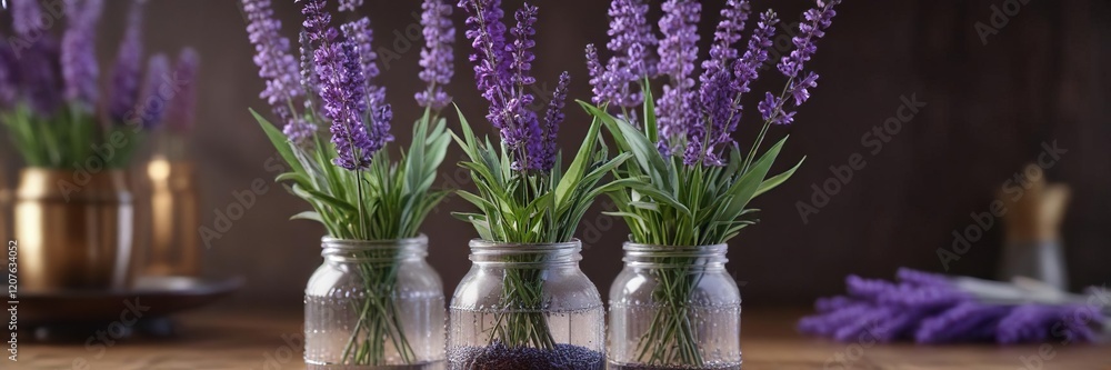 Fototapeta premium Fresh lavender and lilac stems in a mercury glass container, soft purple, lavender