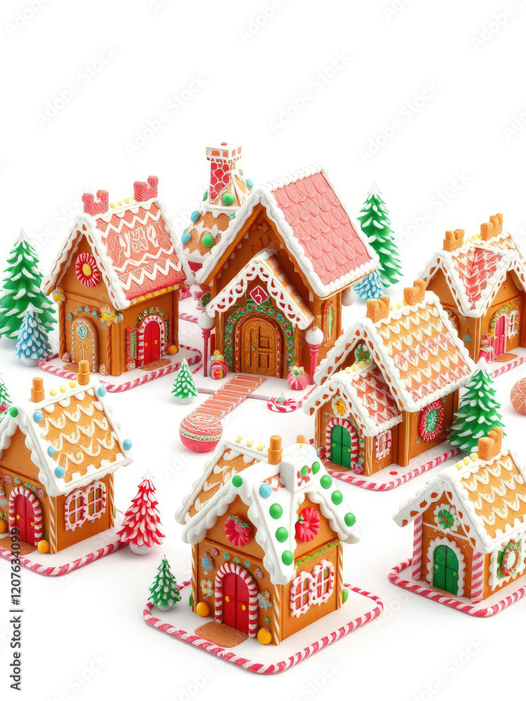 Naklejka premium Assorted yellow and blue gingerbread houses with candy decorations, Christmas, festive, baked goods, cookies