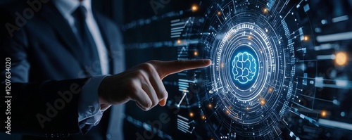 A business professional interacts with a digital brain interface, symbolizing the integration of technology and artificial intelligence.