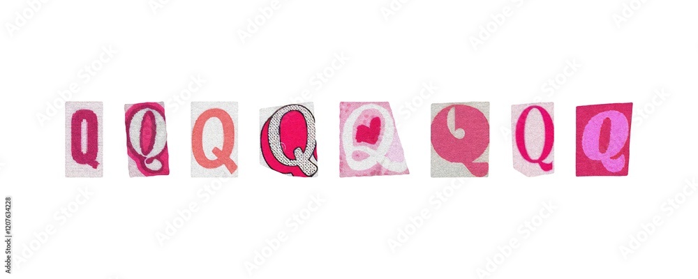 Letter Q, barbiecore set of cut-out elements from magazines on a white background, cute retro y2k ransom style Letter Q, barbiecore set of cut-out elements from magazines on a white background, cute retro y2k ransom style