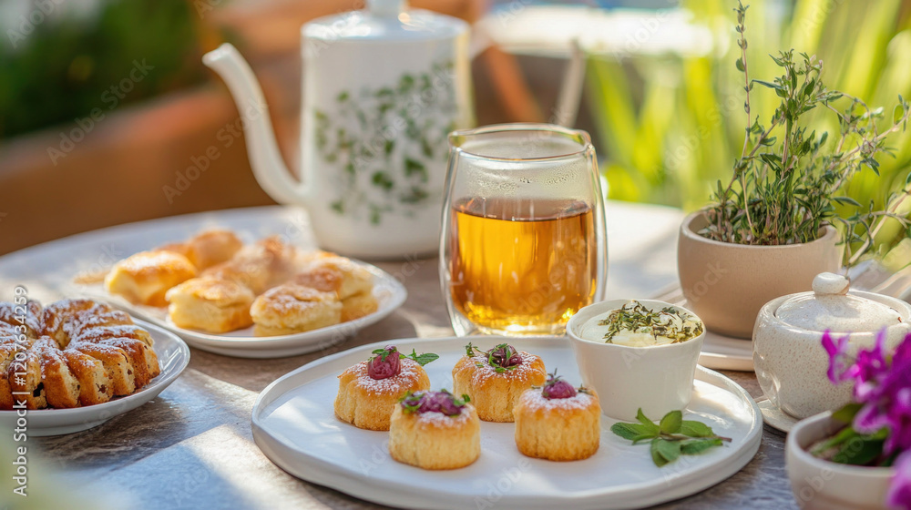 Herbal tea and pastries served for breakfast on a sunny patio table Herbal tea and pastries served for breakfast on a sunny patio table
