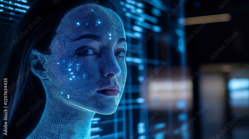 futuristic robot woman with face covered in digital graphics close up futuristic robot woman with face covered in digital graphics close up