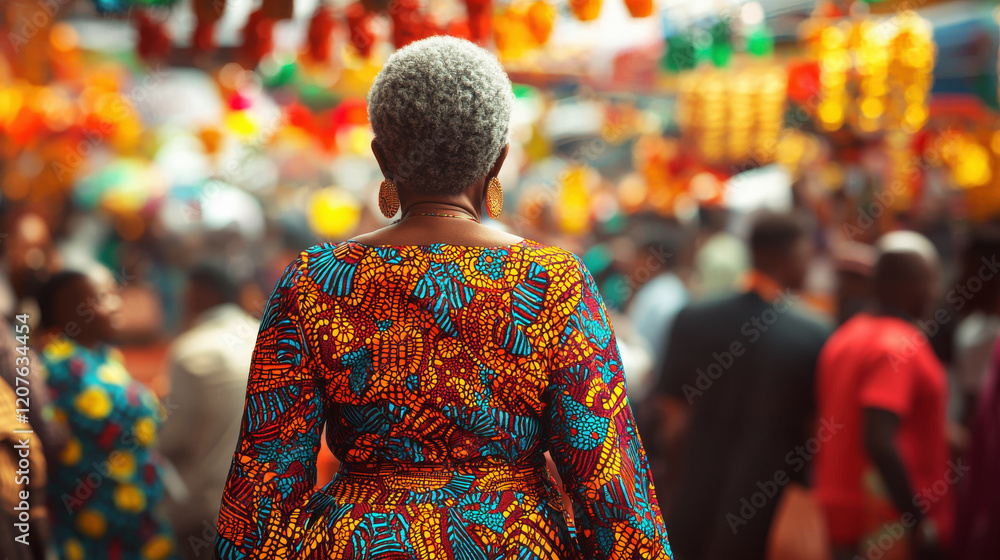 Fototapeta premium Elderly woman in colorful African attire walks through a vibrant market during a lively afternoon