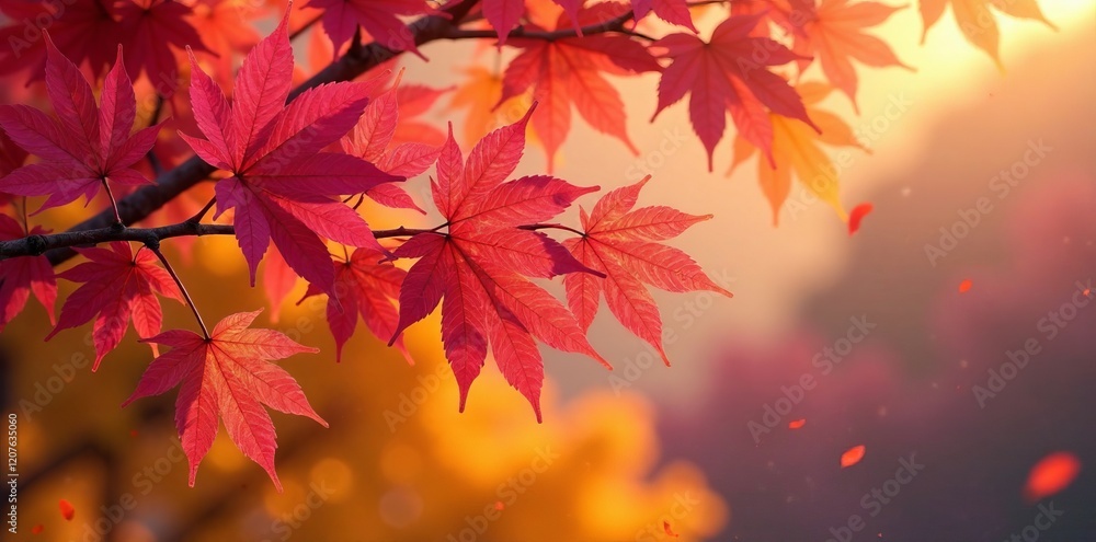 Vibrant autumn leaves in red and orange hues illuminated by soft sunlight. Vibrant autumn leaves in red and orange hues illuminated by soft sunlight.