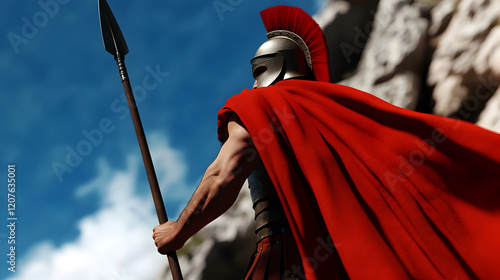 A Spartan warrior stands defiantly at the narrow pass of Thermopylae, his red cloak billowing in the wind and his spear poised for the first strike. The jagged cliffs behind him echo the roar of the a photo