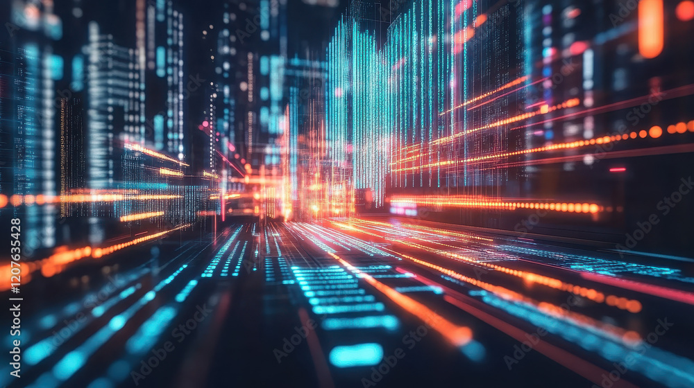 Fototapeta premium Abstract digital landscape with vibrant lines and glowing elements representing technology.