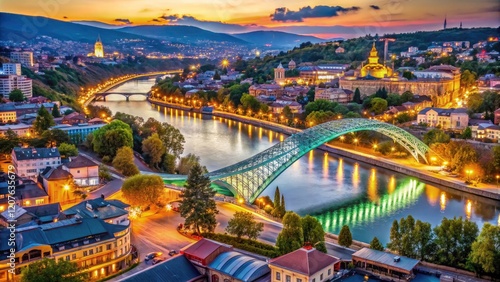 Georgia's pedestrian Peace Bridge, arcing over the Kura River, captured in a stunning aerial bokeh shot.