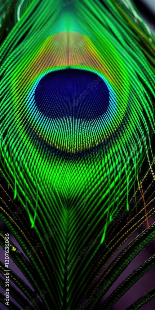 Naklejka premium Close-up shot of a vibrant green peacock feather showcasing intricate patterns and mesmerizing details, nature, beautiful, pattern