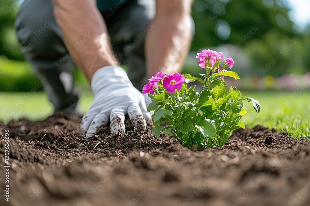 A person's gloved hands gently place a delicate pink flower into freshly turned soil, symbolizing growth, tenderness, and a connection to the earth. A person's gloved hands gently place a delicate pink flower into freshly turned soil, symbolizing growth, tenderness, and a connection to the earth.