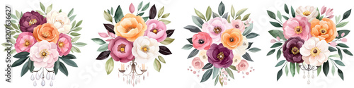 Bouquet Outdoor and Chandeliers, A collection of vibrant floral bouquets featuring a variety of colors and types of flowers, adorned with leaves and decorative elements.