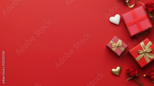Elegant Red Background with Gift Boxes, Roses, and Decorative Elements for Celebrations and Romantic Occasions Such as Valentine’s Day or Anniversaries