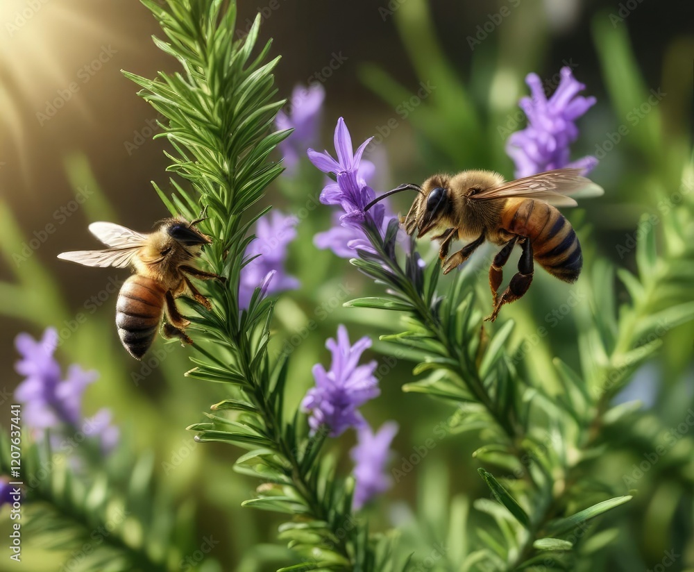 Close up of flying honey bee pollinating rosemary in garden, blooming, pollinate Close up of flying honey bee pollinating rosemary in garden, blooming, pollinate
