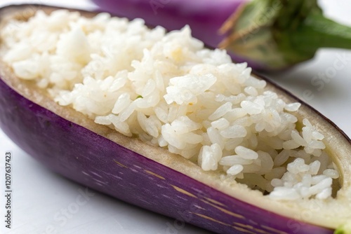 Close-up of fragrant and fluffy rice filling inside a tender purple eggplant, garnish, spices, herbs, culinary presentation photo