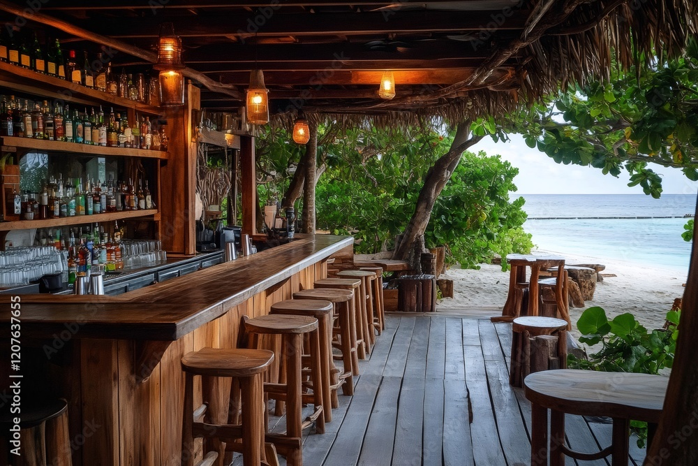 Fototapeta premium Beach bar offering stunning ocean views in tropical paradise