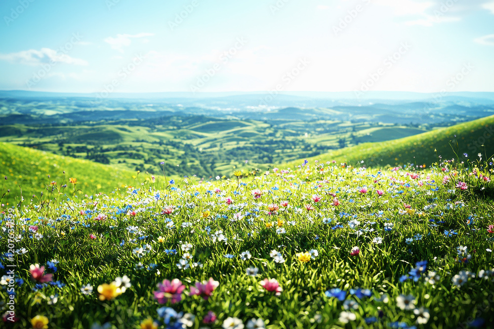 Obraz premium Vibrant wildflowers bloom across rolling green hills under a bright blue sky