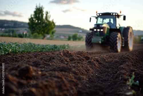 A powerful tractor works diligently in a sunlit agricultural field, tilling the soil to prepare for planting, symbolizing hard work and the beauty of farming life. photo