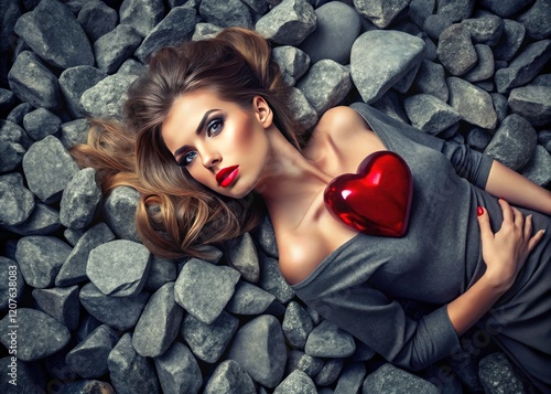 Grey and red gemstone jewelry: A heart-shaped red stone takes center stage in this editorial fashion shoot. photo