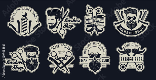 Barber shop. Badges for barber store blade haircut item illustrations recent vector stylized emblem with place for text