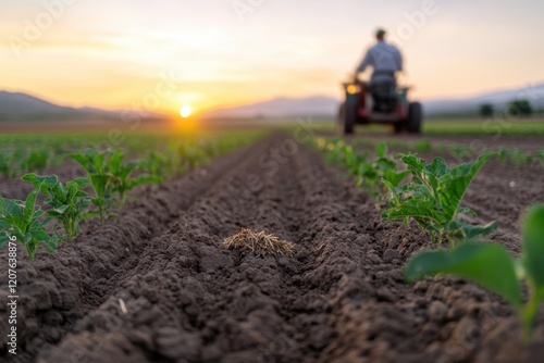 A tractor drives through freshly plowed fields, raising dust against a stunning sunset backdrop, capturing the essence of agricultural life and productivity in full bloom. photo