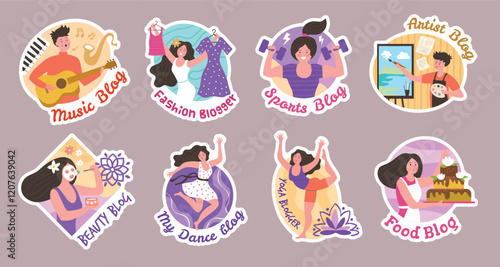 Video bloggers. Emblem design for streamers and bloggers social activity characters recent vector template with place for text