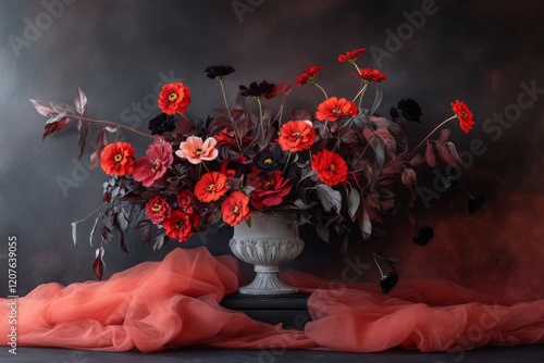 A dark and moody arrangement of black and red zinnias in an ornate vase, set against a velvety backdrop photo