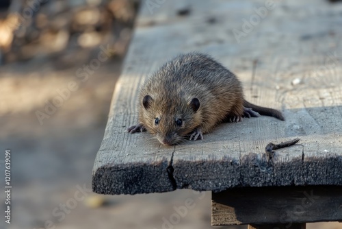 Cute Brown Rodent Sitting on Wooden Table Surface, Showcasing Its Fur Texture and Natural Habitat, Ideal for Wildlife and Nature Photography Projects photo