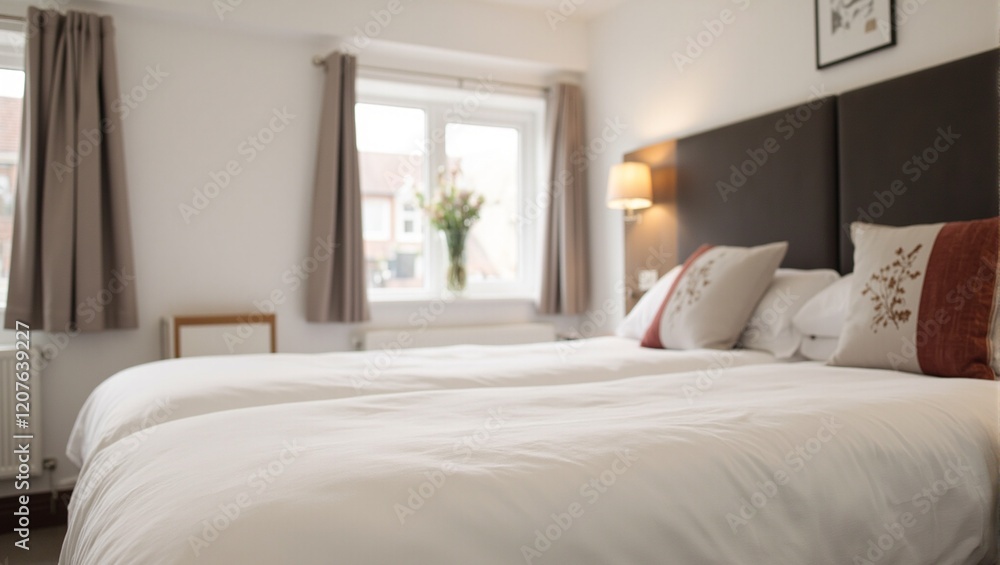 Fototapeta premium Inviting hotel room with plush double bed and modern decor