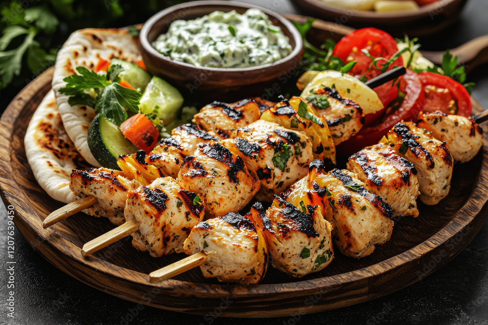 Grilled chicken souvlaki skewers served with fresh vegetables and dipping sauce Grilled chicken souvlaki skewers served with fresh vegetables and dipping sauce