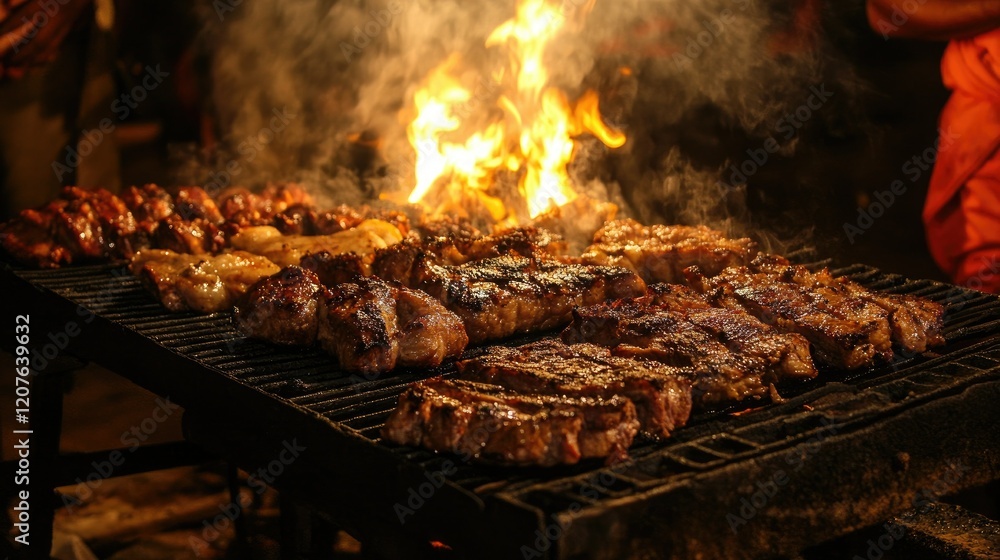 A rich BBQ experience featuring sizzling pork and beef on hot coals, with side dishes and sauces creating a vibrant dining scene. A rich BBQ experience featuring sizzling pork and beef on hot coals, with side dishes and sauces creating a vibrant dining scene.