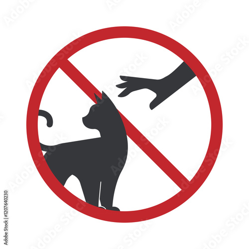 Prohibition Sign: "No touching cats or pets allowed." Features a hand reaching out to touch a cat, crossed out by a red circle