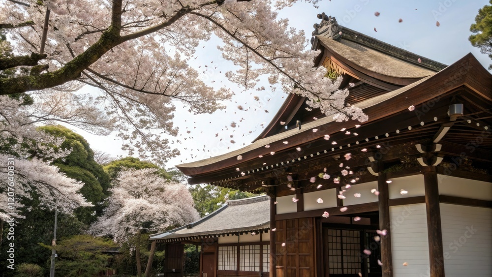 Cherry blossom petals gently falling from the branches of a Shinto shrine's surrounding trees onto its wooden roof and tiled walls, flowers, temple surroundings, nature, shinto shrine Cherry blossom petals gently falling from the branches of a Shinto shrine's surrounding trees onto its wooden roof and tiled walls, flowers, temple surroundings, nature, shinto shrine