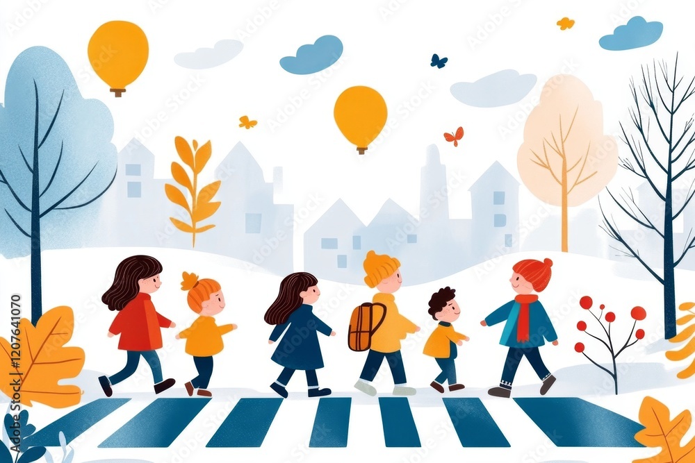 Fototapeta premium A flat 2D illustration of a zebra crossing in a quiet neighborhood, with children playing nearby on a sunny day
