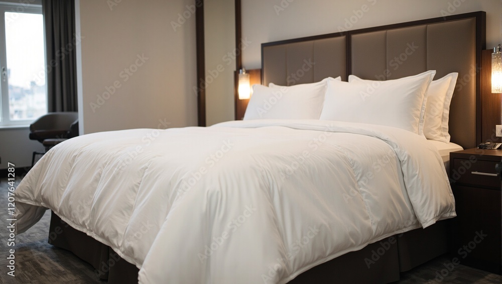 Fototapeta premium Modern hotel suite with a luxurious king size bed and pristine white linens plush pillows and ambient lighting