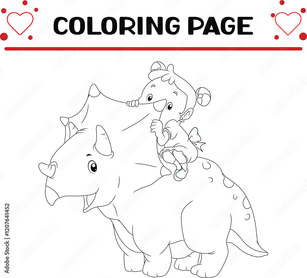 Fototapeta premium happy girl is sitting dinosaur coloring page for kids