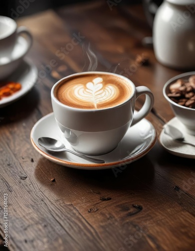 Cappuccino in a white ceramic cup with saucer on a dark wooden table, cup, saucer