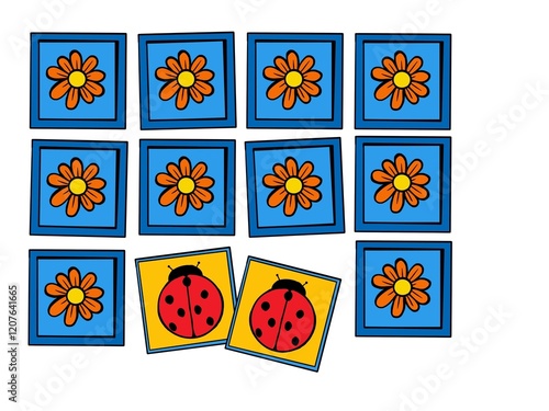 ute illustration of a memory card game designed for children, featuring colorful ladybugs on the front side and a flower pattern on the back. The playful and engaging design is ideal for kids, combini
