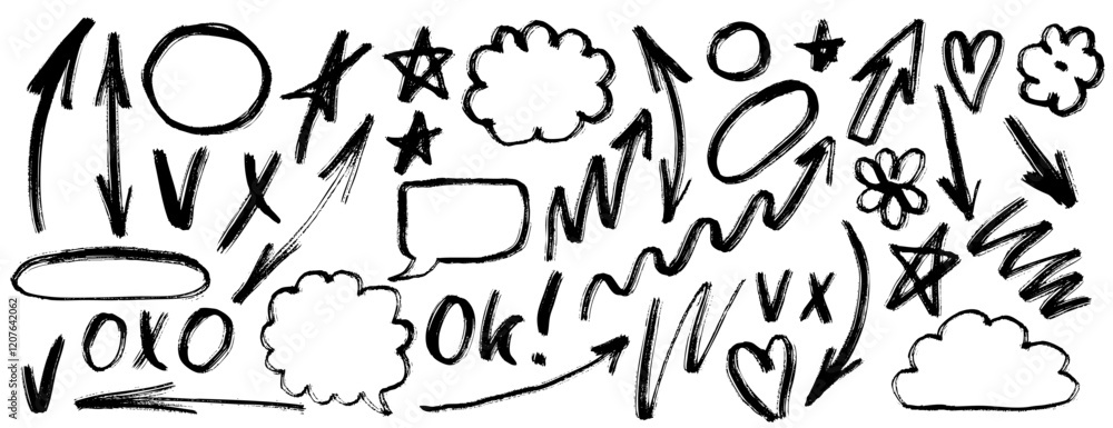 Hand drawn doodle design elements, black on white background. Swishes, swoops, emphasis, Arrow, crown, brush stroke. doodle sketch design elements. Hand drawn doodle design elements, black on white background. Swishes, swoops, emphasis, Arrow, crown, brush stroke. doodle sketch design elements.