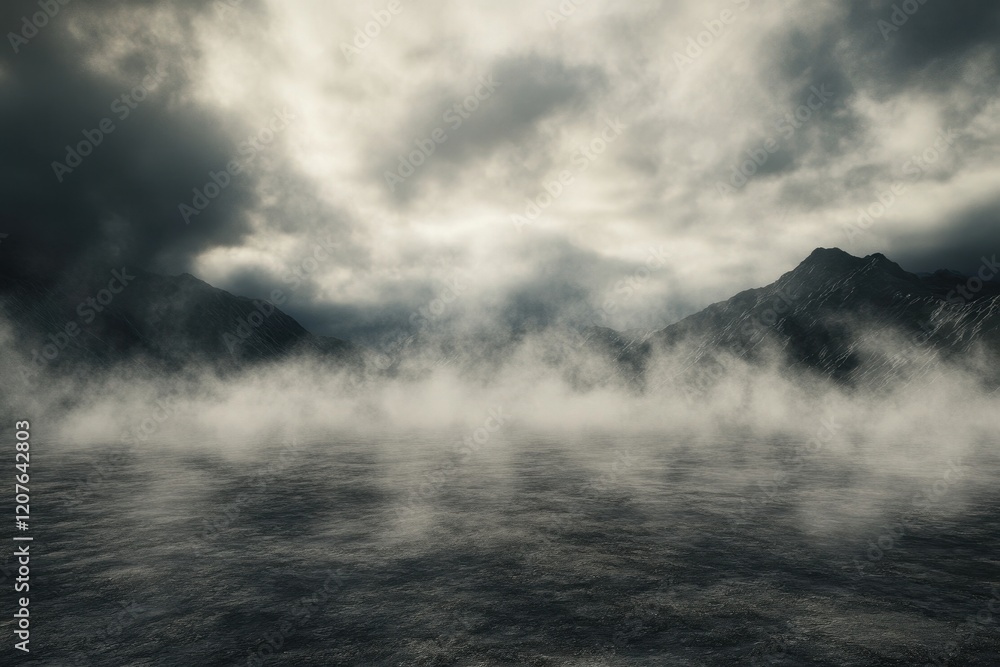 Fototapeta premium Heatwaves Distorting the Air Above Barren Landscape with Mountains in the Distance, Creating a Mysterious and Atmospheric Scene with Overcast Skies