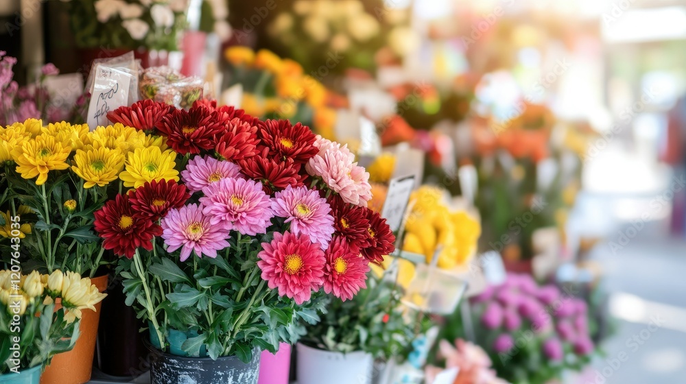 A vibrant bunch of chrysanthemums in red and yellow hues, displayed in a bright flower shop with a blurred floral arrangement in the background. A vibrant bunch of chrysanthemums in red and yellow hues, displayed in a bright flower shop with a blurred floral arrangement in the background.