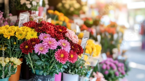 Wallpaper Mural A vibrant bunch of chrysanthemums in red and yellow hues, displayed in a bright flower shop with a blurred floral arrangement in the background. Torontodigital.ca