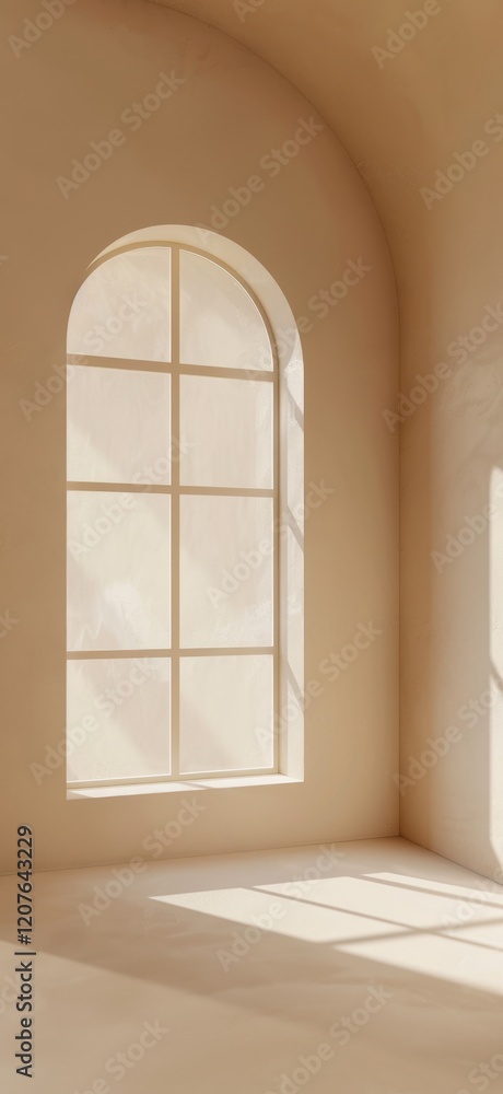 Beige wall with an arched window, minimalist background, soft shadows, cream surface Beige wall with an arched window, minimalist background, soft shadows, cream surface