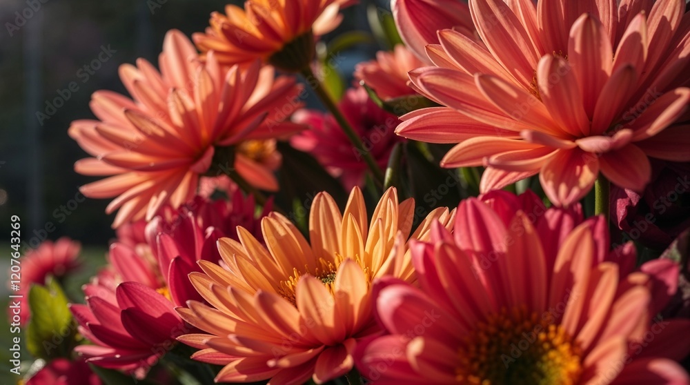 Close up red and orange Charming chrysanthemums with cheerful mood blooming against park background Close up red and orange Charming chrysanthemums with cheerful mood blooming against park background