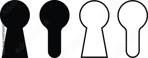 Key hole black icon set isolated on transparent background. Trendy flat and line art design collection vector. Mysterious Vintage padlock silhouette symbol of hope or success for apps and websites